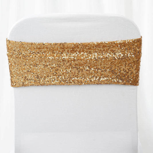 5 Pack Sequin Spandex Chair Sashes Gold - Sparkly Stretch Chair Bands for Glamorous Events 6"x15" - NestOCart