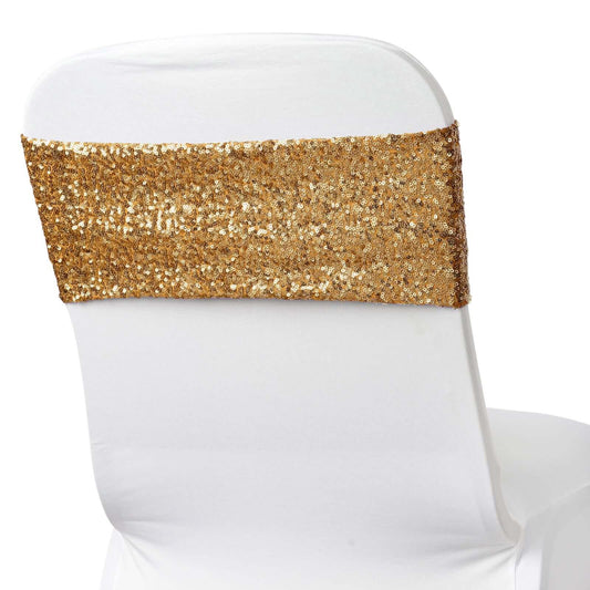 5 Pack Sequin Spandex Chair Sashes Gold - Sparkly Stretch Chair Bands for Glamorous Events 6"x15" - NestOCart
