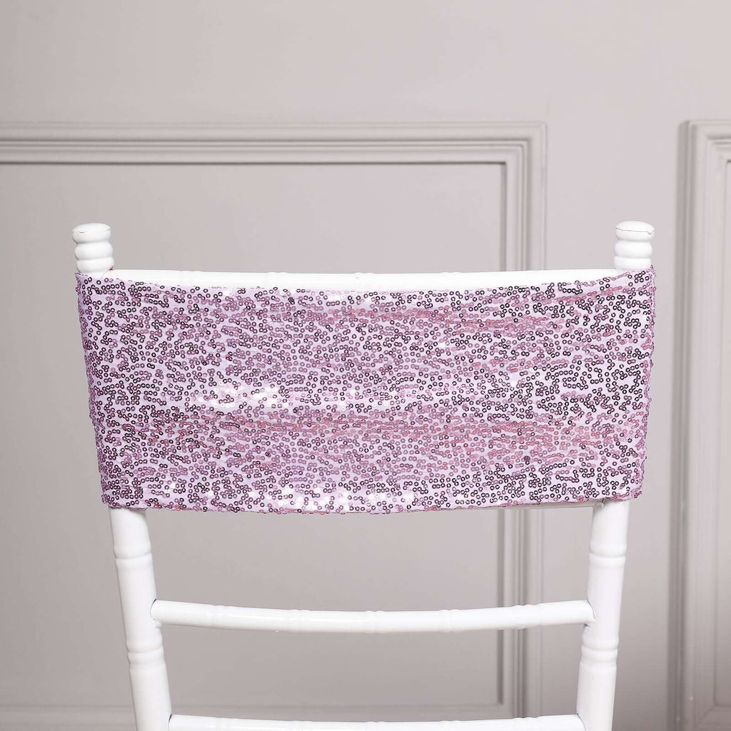 5 Pack Sequin Spandex Chair Sashes Lavender Lilac - Stretch Chair Bands 6"x15" - Bell Racket Store