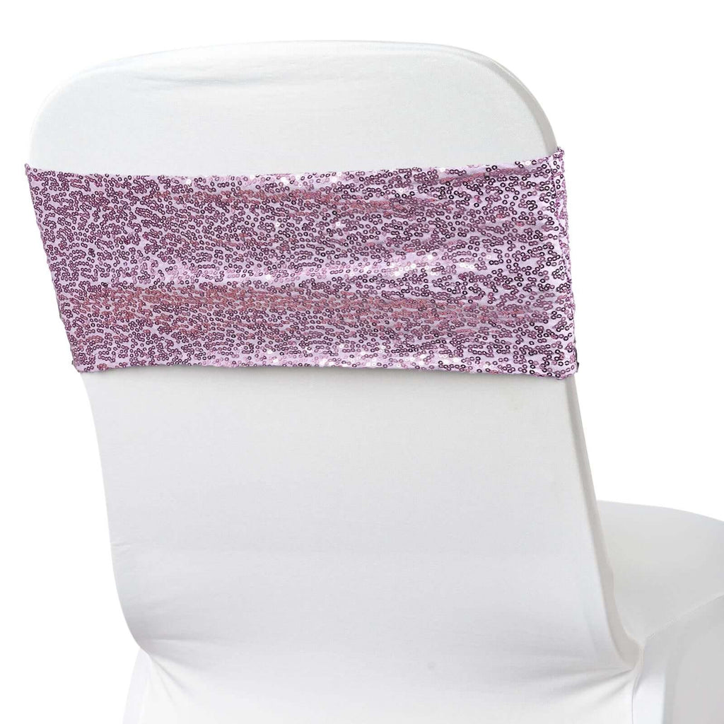 5 Pack Sequin Spandex Chair Sashes Lavender Lilac - Stretch Chair Bands 6"x15" - Bell Racket Store