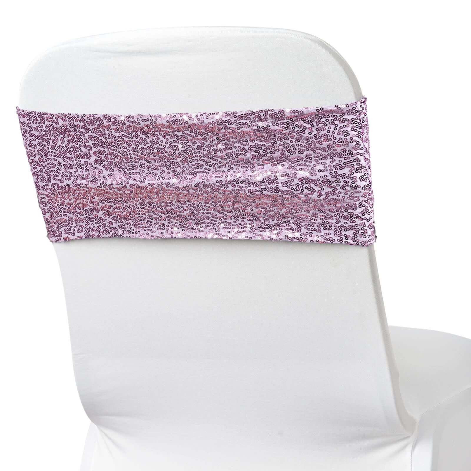 5 Pack Sequin Spandex Chair Sashes Lavender Lilac - Stretch Chair Bands 6"x15" - Bell Racket Store
