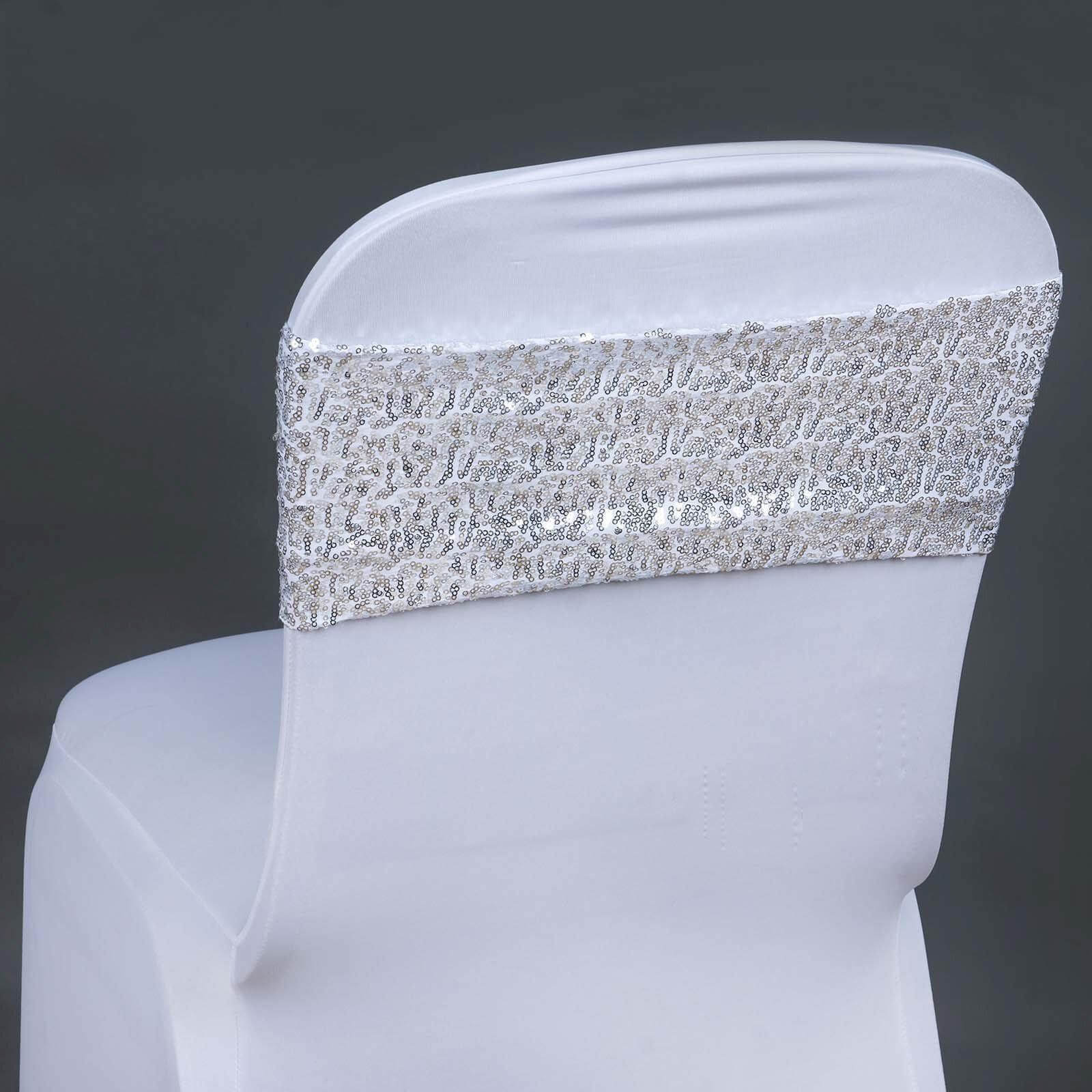 5 Pack Sequin Spandex Chair Sashes Silver - Stretch Chair Bands 6"x15" - NestOCart