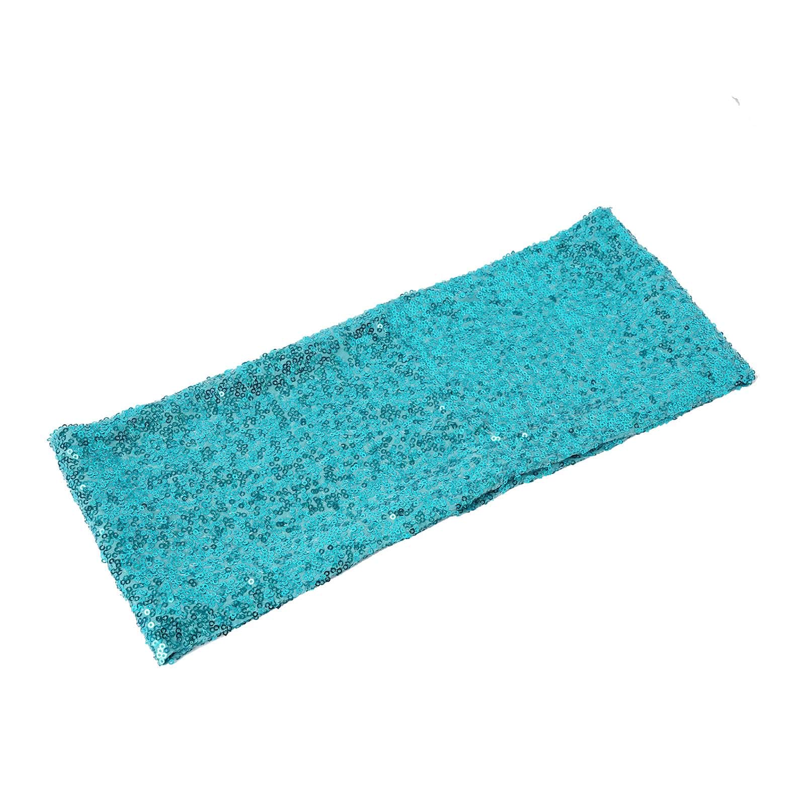 5 Pack Sequin Spandex Chair Sashes Turquoise - Stretch Chair Bands 6"x15" - NestOCart