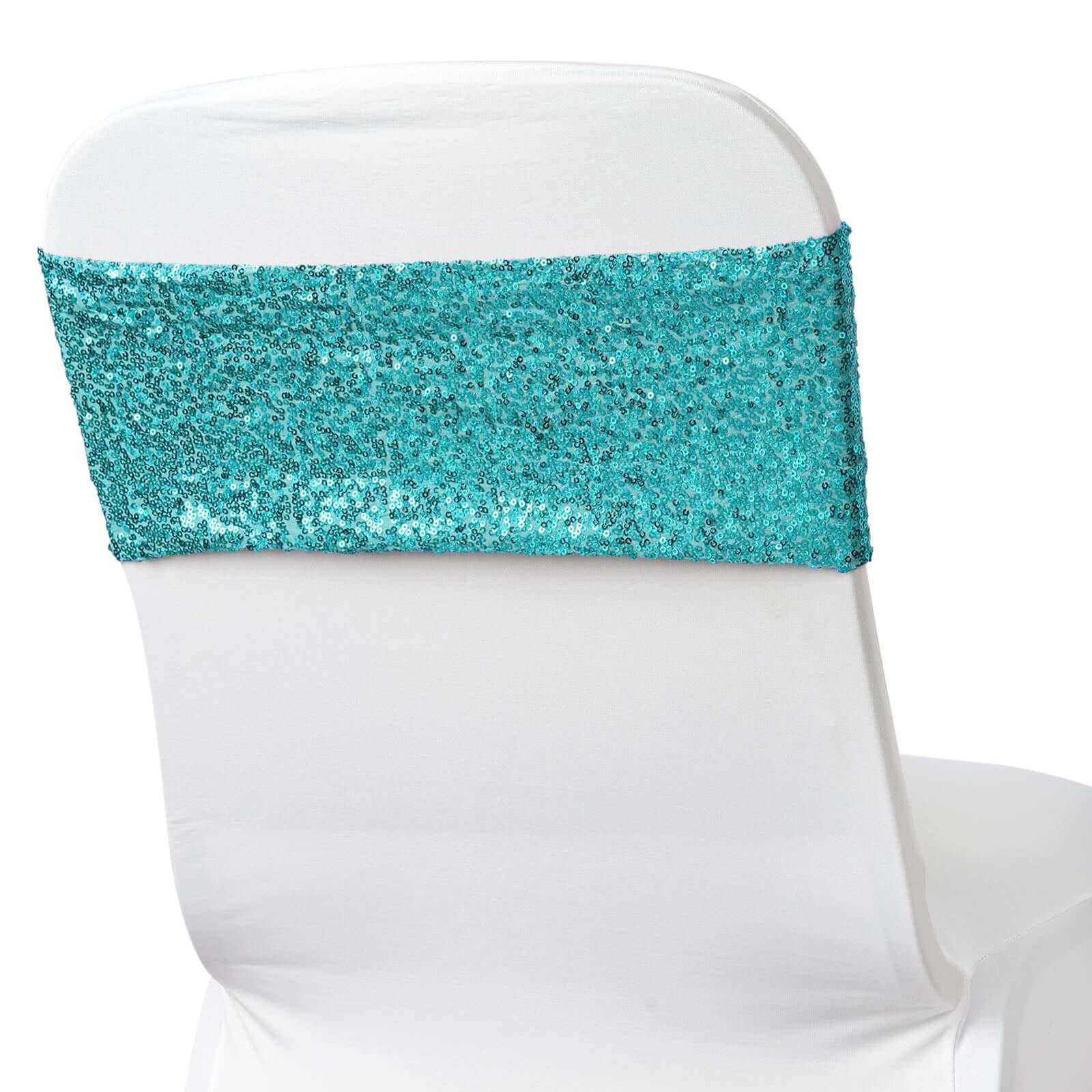 5 Pack Sequin Spandex Chair Sashes Turquoise - Stretch Chair Bands 6"x15" - NestOCart
