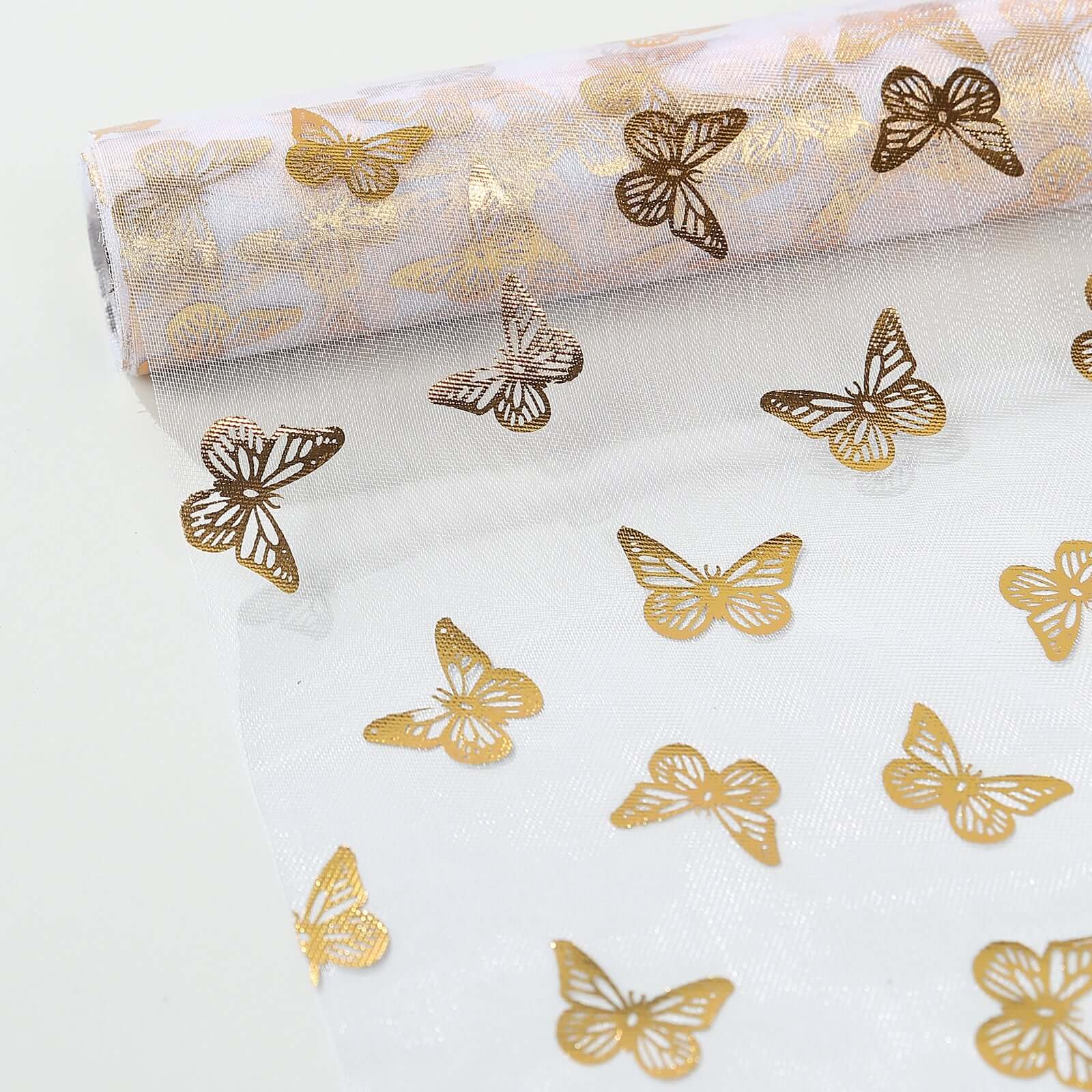5 Pack Sheer Organza 11"x108" Table Runner Rolls White Disposable with Metallic Gold Foil Butterflies Motifs - Bell Racket Store