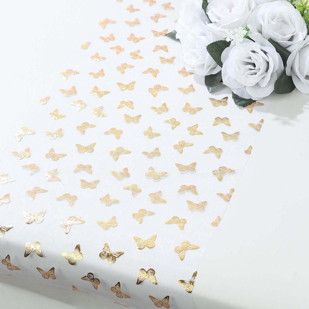 5 Pack Sheer Organza 11"x108" Table Runner Rolls White Disposable with Metallic Gold Foil Butterflies Motifs - Bell Racket Store