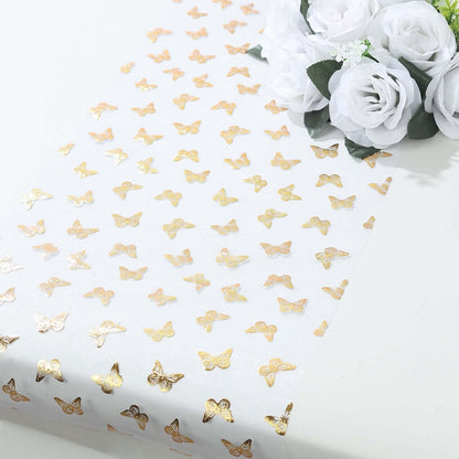 5 Pack Sheer Organza 11"x108" Table Runner Rolls White Disposable with Metallic Gold Foil Butterflies Motifs - Bell Racket Store