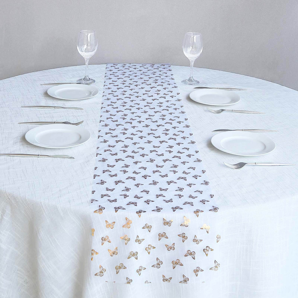 5 Pack Sheer Organza 11"x108" Table Runner Rolls White Disposable with Metallic Gold Foil Butterflies Motifs - Bell Racket Store