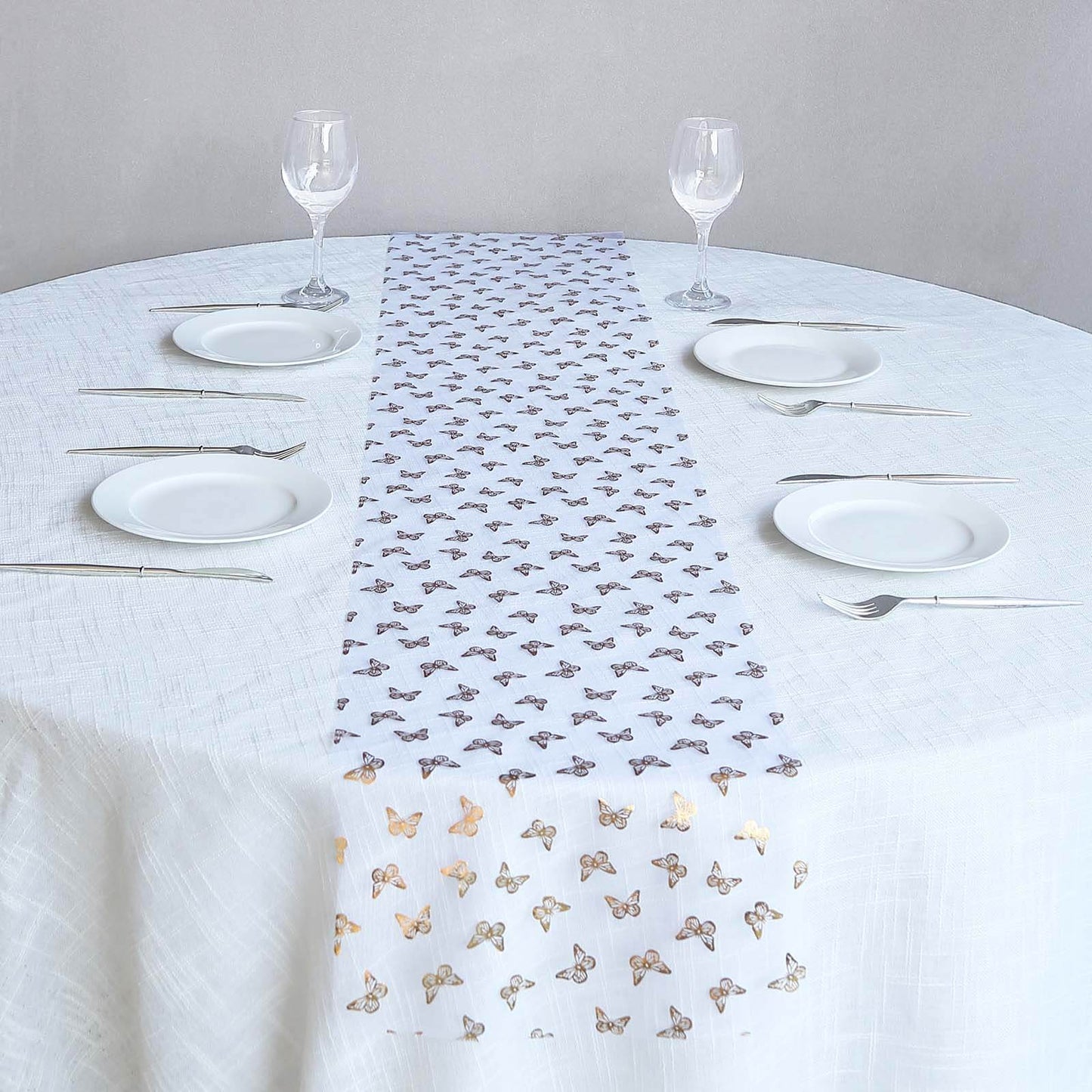 5 Pack Sheer Organza 11"x108" Table Runner Rolls White Disposable with Metallic Gold Foil Butterflies Motifs - Bell Racket Store