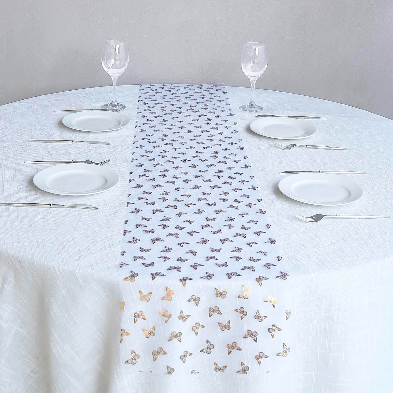 5 Pack Sheer Organza 11"x108" Table Runner Rolls White Disposable with Metallic Gold Foil Butterflies Motifs - Bell Racket Store