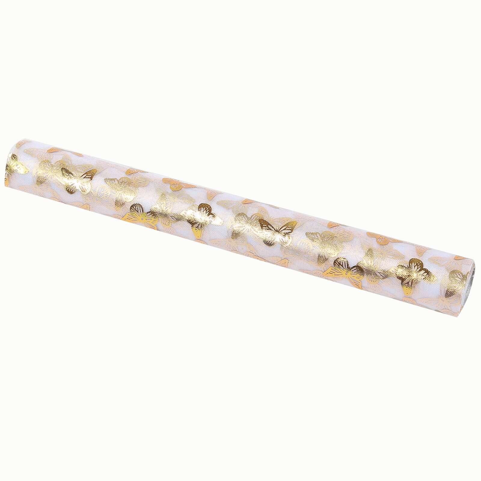 5 Pack Sheer Organza 11"x108" Table Runner Rolls White Disposable with Metallic Gold Foil Butterflies Motifs - Bell Racket Store