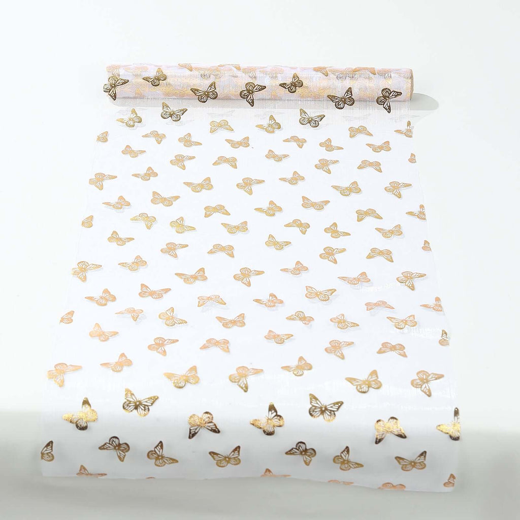 5 Pack Sheer Organza 11"x108" Table Runner Rolls White Disposable with Metallic Gold Foil Butterflies Motifs - Bell Racket Store