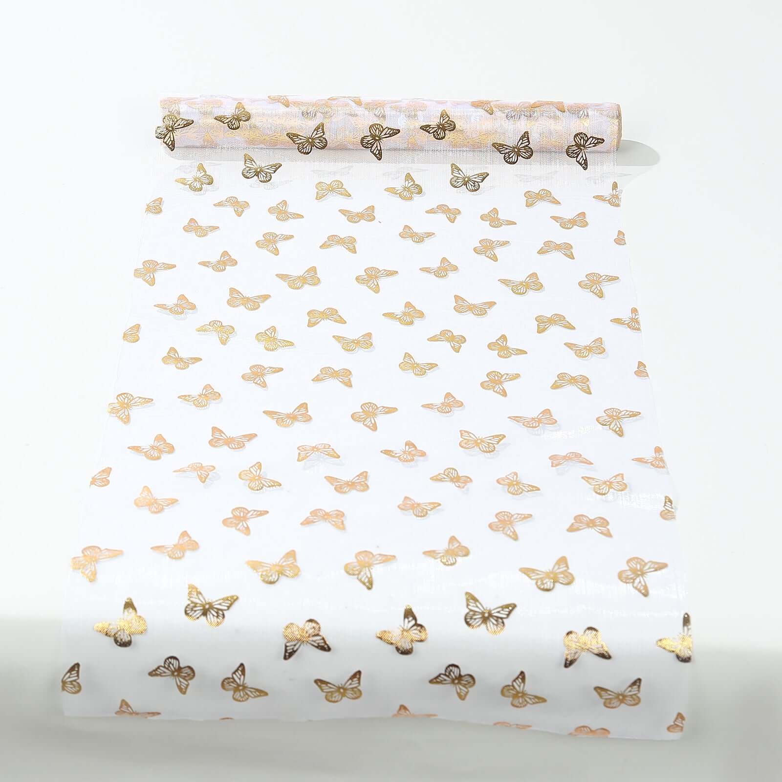 5 Pack Sheer Organza 11"x108" Table Runner Rolls White Disposable with Metallic Gold Foil Butterflies Motifs - Bell Racket Store