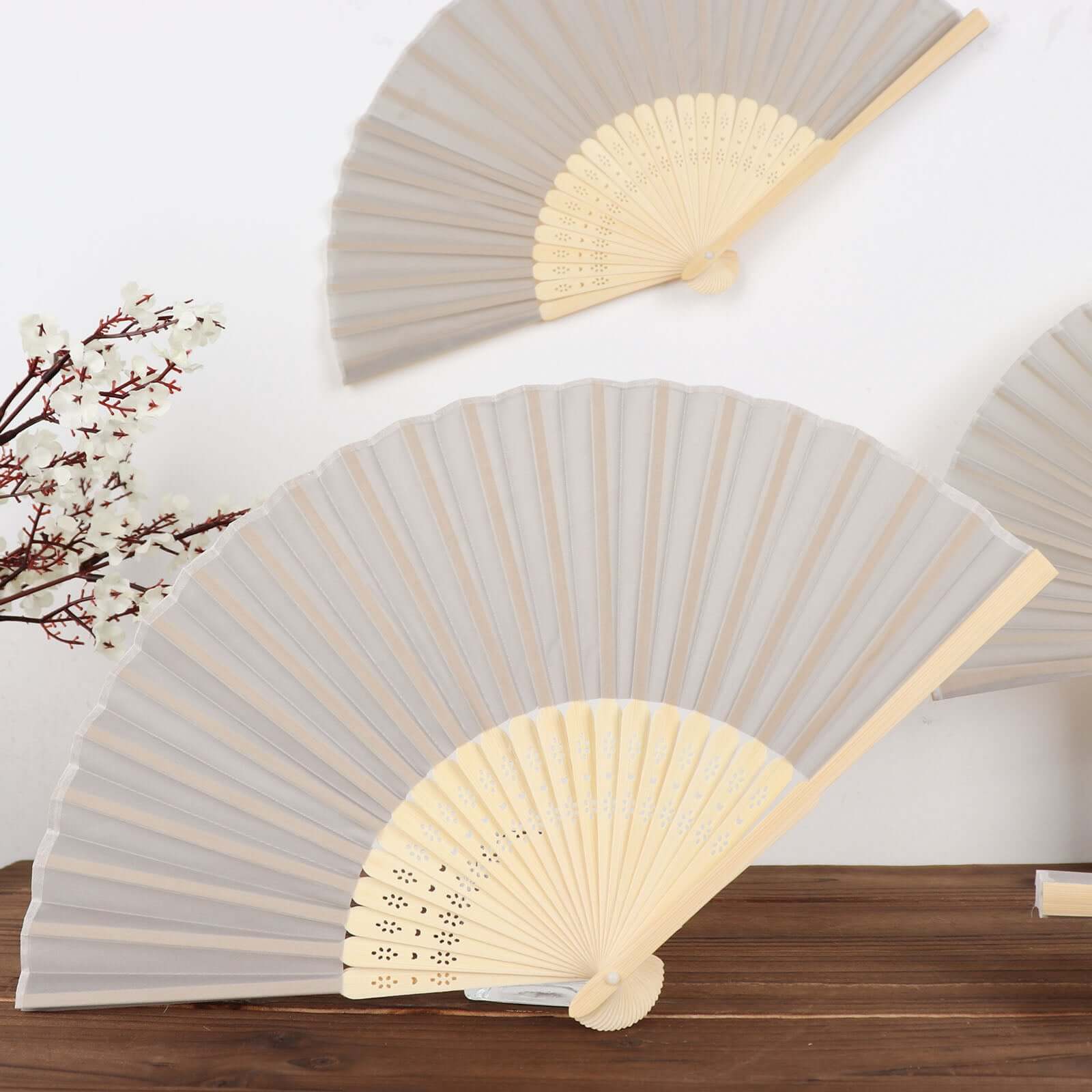 5 Pack Silver Asian Silk Folding Fans Party Favors, Oriental Folding Fan Favors - Bell Racket Store