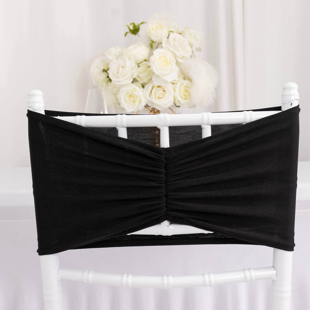 5 Pack Spandex Chair Sashes Black Ruffled Style - Wide Easy to Use Stretch Chair Bands 8"x13" - Bell Racket Store