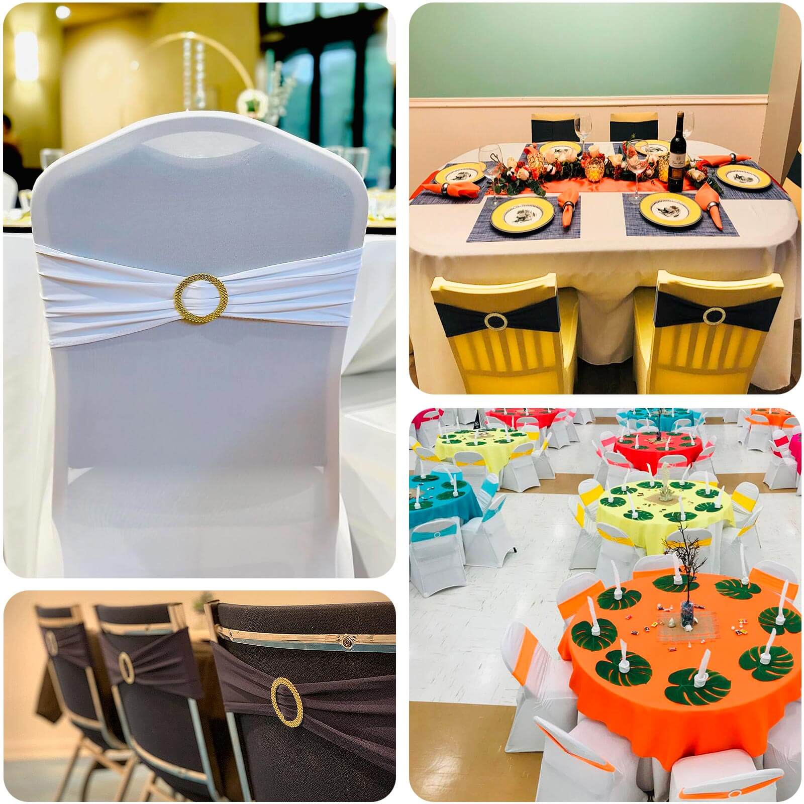 5 Pack Spandex Chair Sashes Black with Gold Rhinestone Buckles - Reusable Four - Way Stretch Sash Bands 5"x14" - Bell Racket Store