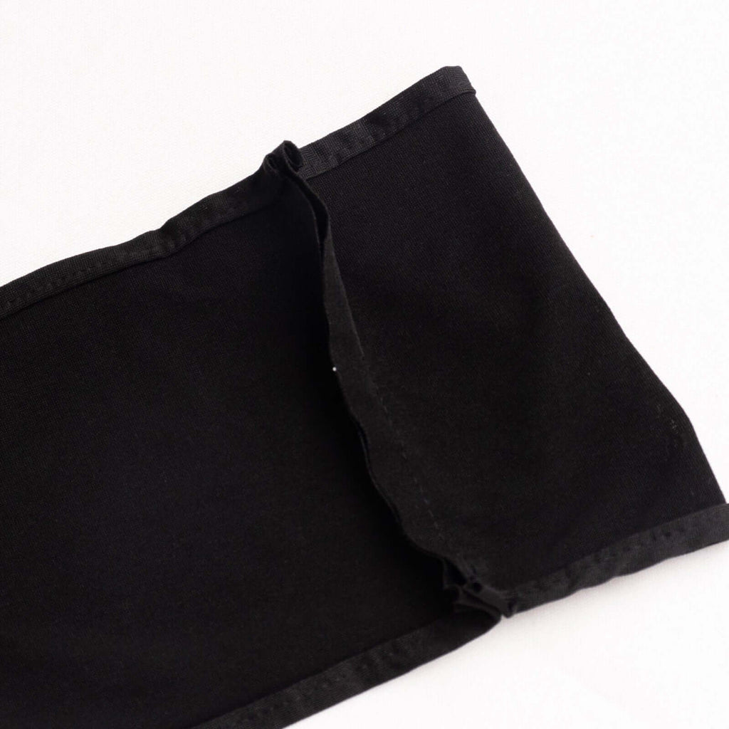 5 Pack Spandex Chair Sashes Black with Gold Rhinestone Buckles - Reusable Four - Way Stretch Sash Bands 5"x14" - Bell Racket Store