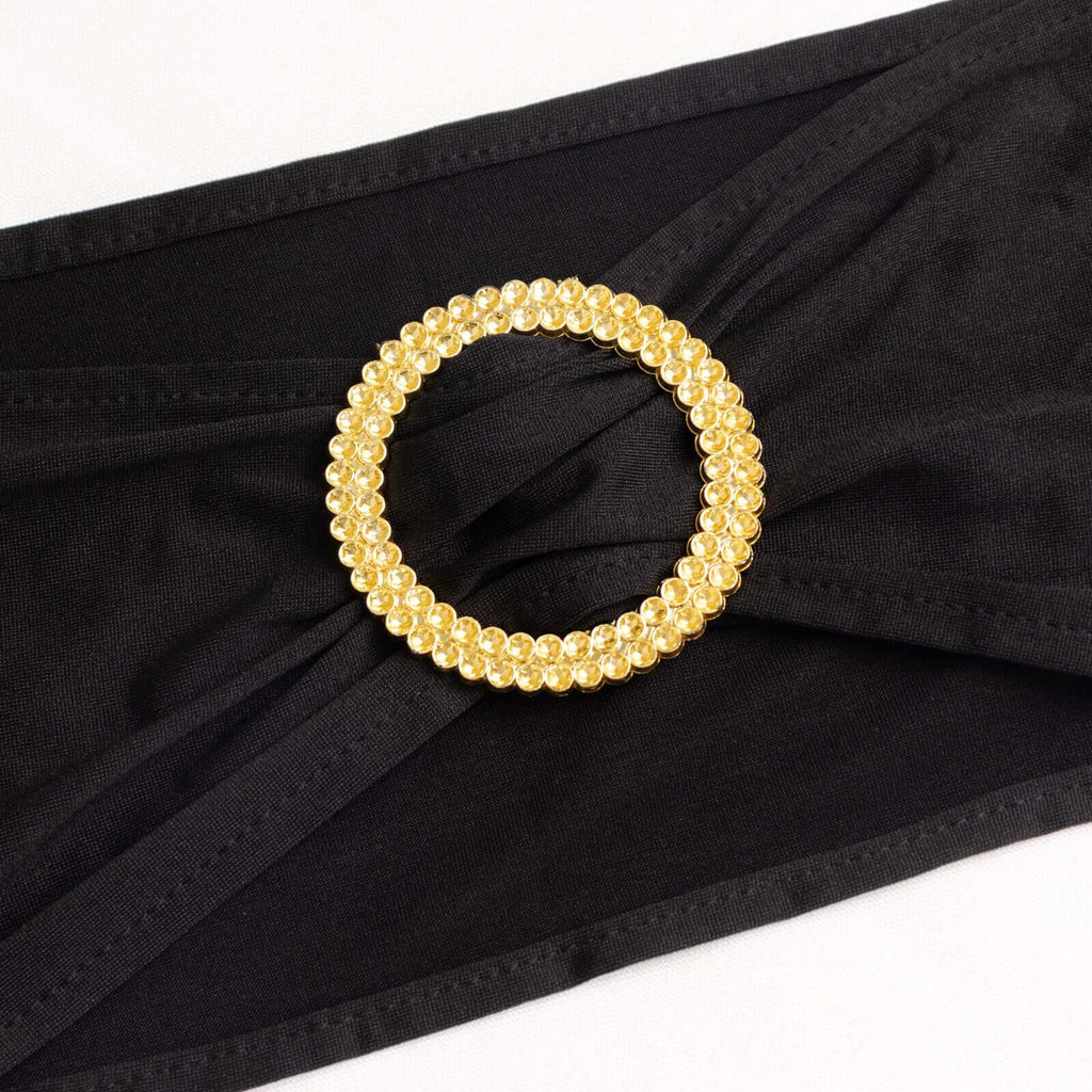 5 Pack Spandex Chair Sashes Black with Gold Rhinestone Buckles - Reusable Four - Way Stretch Sash Bands 5"x14" - Bell Racket Store