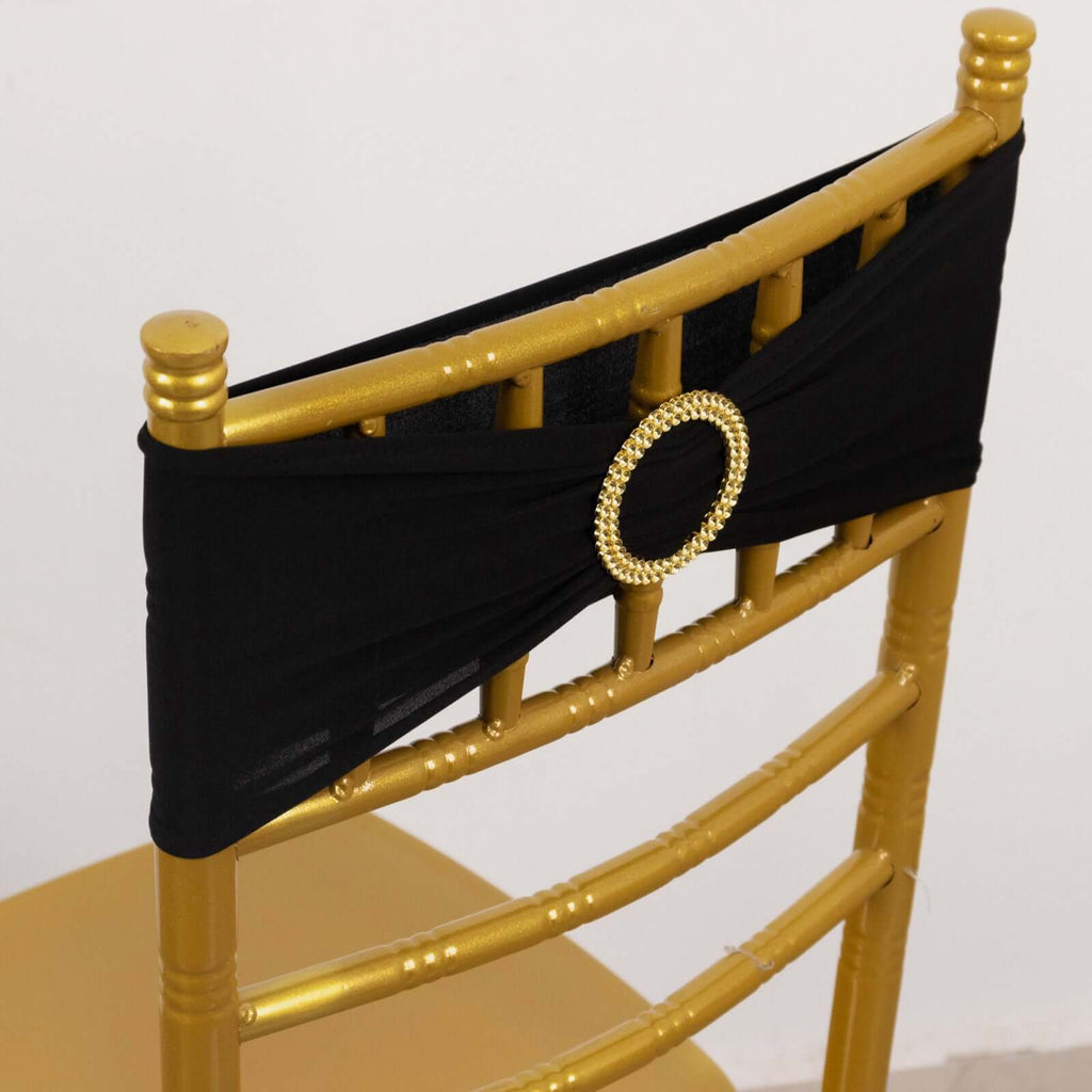5 Pack Spandex Chair Sashes Black with Gold Rhinestone Buckles - Reusable Four - Way Stretch Sash Bands 5"x14" - Bell Racket Store