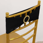 5 Pack Spandex Chair Sashes Black with Gold Rhinestone Buckles - Reusable Four - Way Stretch Sash Bands 5"x14" - Bell Racket Store