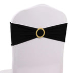 5 Pack Spandex Chair Sashes Black with Gold Rhinestone Buckles - Reusable Four - Way Stretch Sash Bands 5"x14" - Bell Racket Store