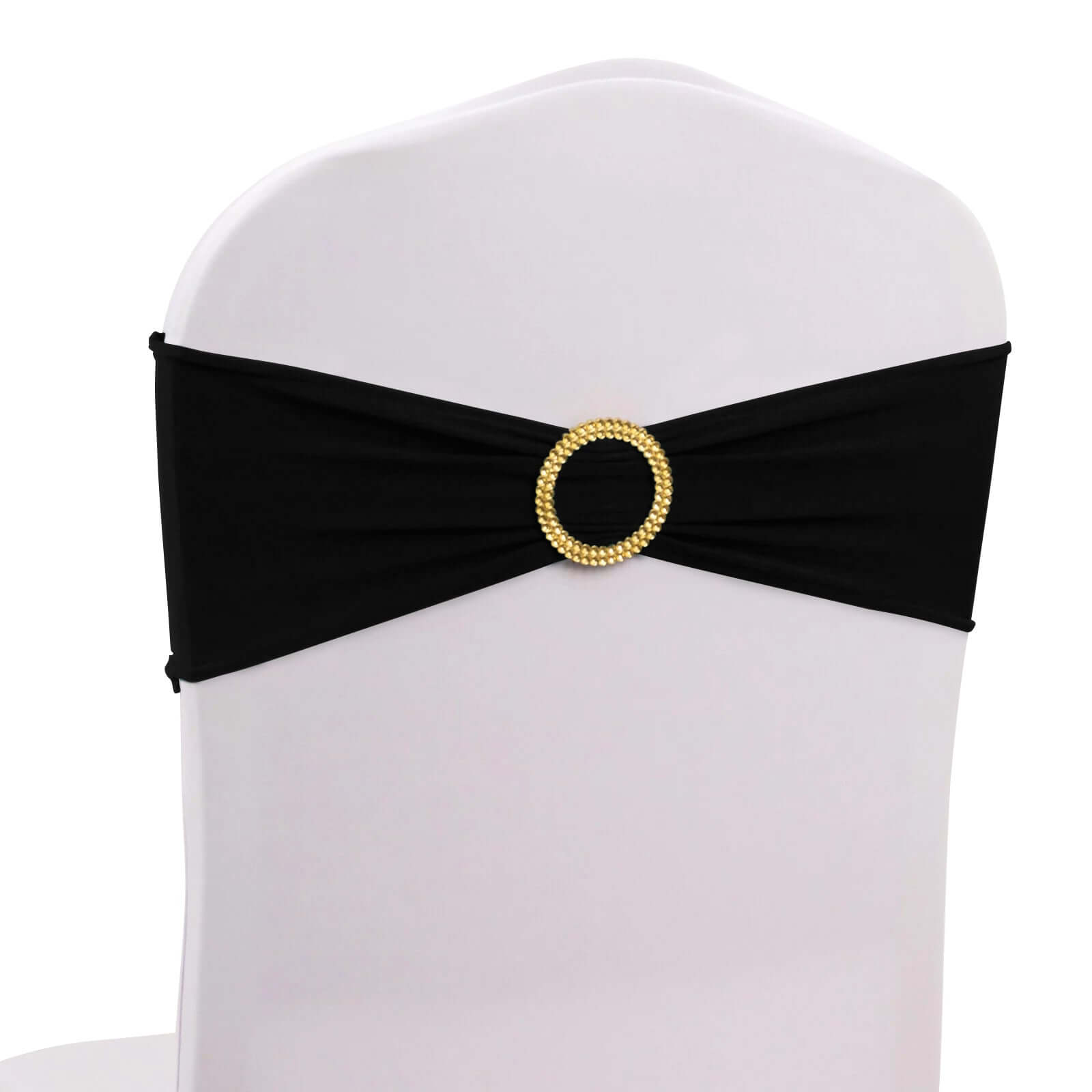 5 Pack Spandex Chair Sashes Black with Gold Rhinestone Buckles - Reusable Four - Way Stretch Sash Bands 5"x14" - Bell Racket Store