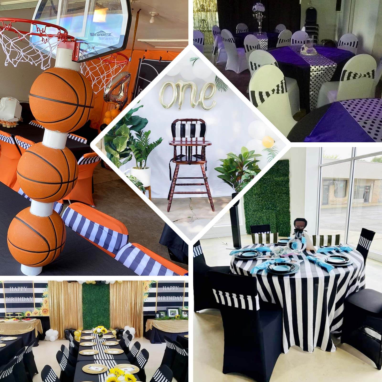 5 Pack Spandex Chair Sashes Black/White Vertical Stripes - Easy to Use & Wrinkle - Free Stretch Chair Bands for Stunning Tablescapes 5"x14" - Bell Racket Store