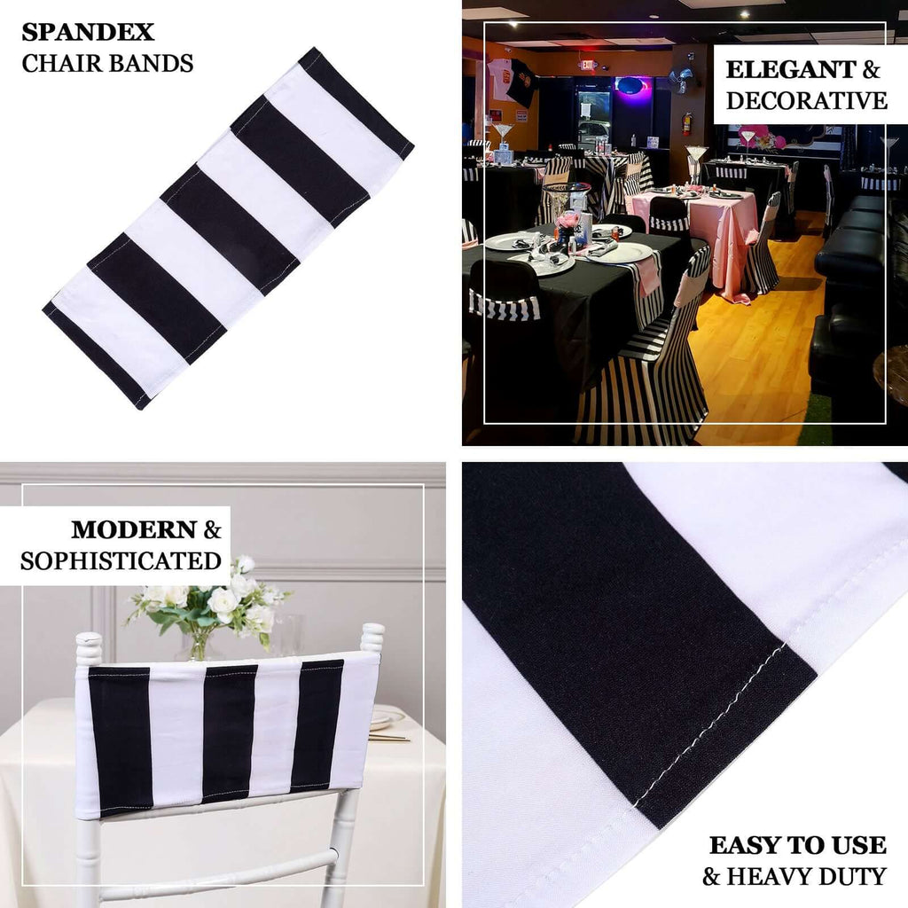 5 Pack Spandex Chair Sashes Black/White Vertical Stripes - Easy to Use & Wrinkle - Free Stretch Chair Bands for Stunning Tablescapes 5"x14" - Bell Racket Store