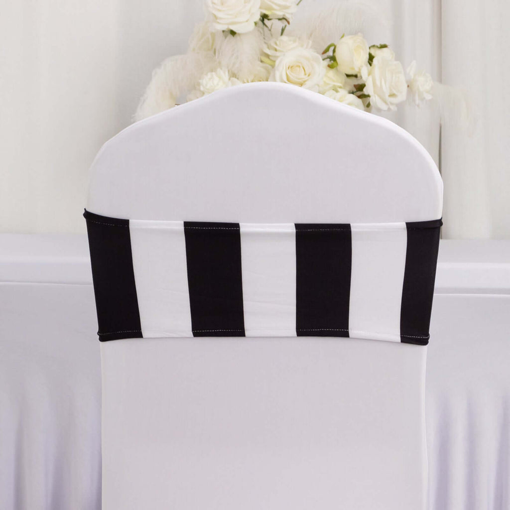 5 Pack Spandex Chair Sashes Black/White Vertical Stripes - Easy to Use & Wrinkle - Free Stretch Chair Bands for Stunning Tablescapes 5"x14" - Bell Racket Store