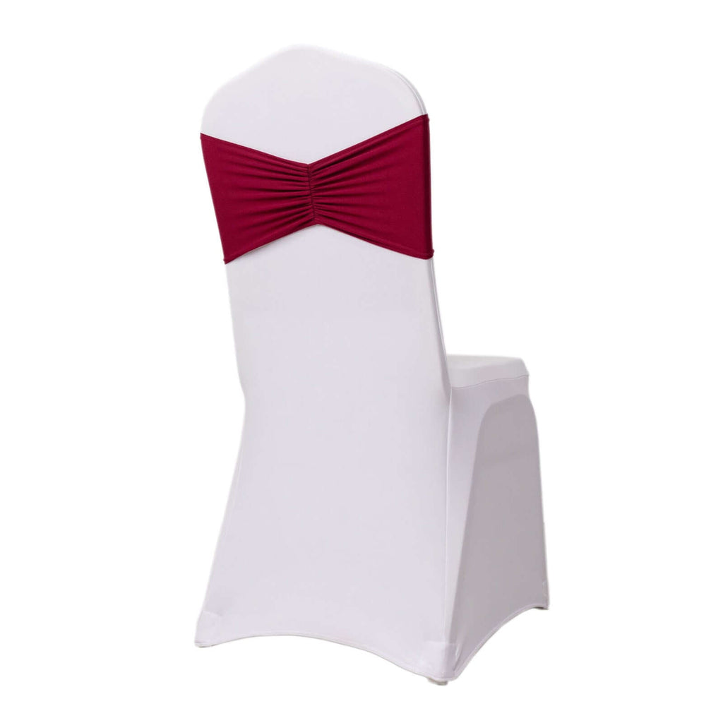 5 Pack Spandex Chair Sashes Burgundy Ruffled Style - Wide Easy to Use Stretch Chair Bands 8"x13" - Bell Racket Store