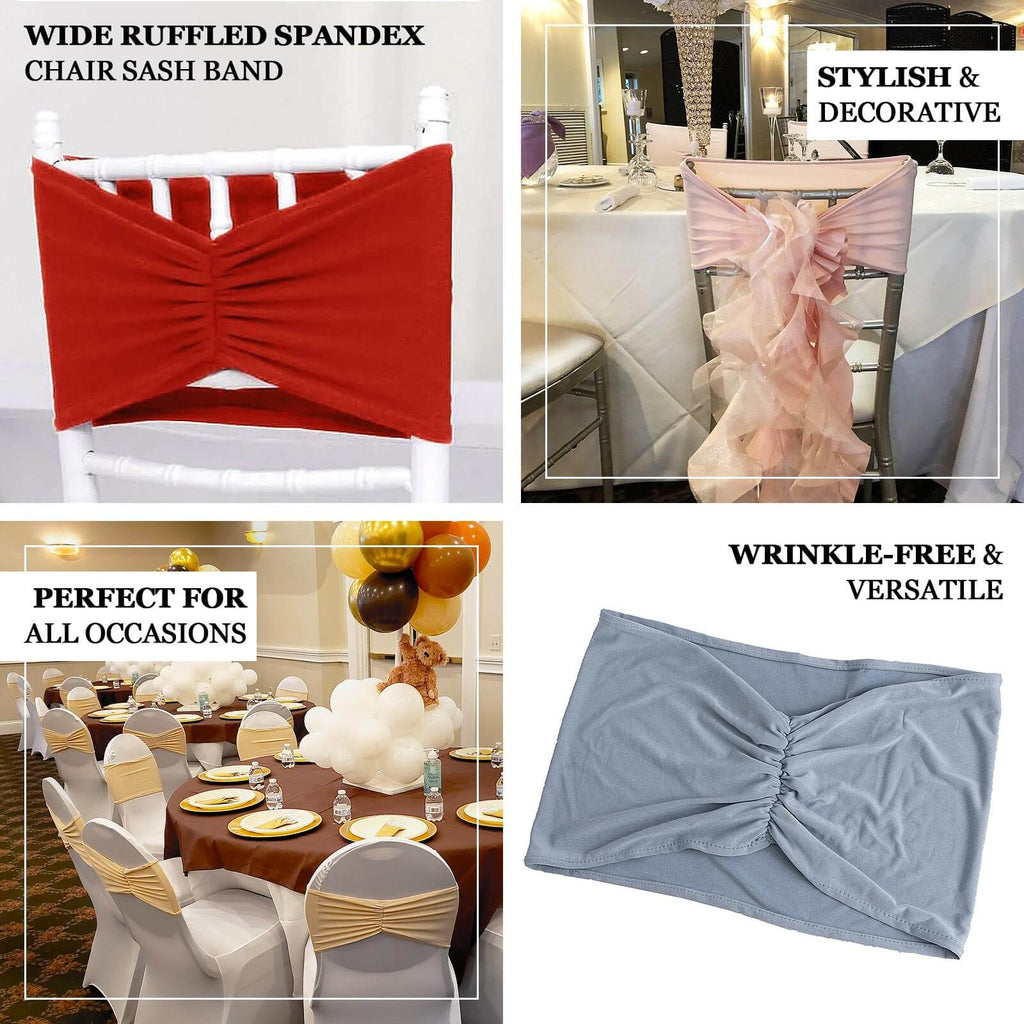 5 Pack Spandex Chair Sashes Burgundy Ruffled Style - Wide Easy to Use Stretch Chair Bands 8"x13" - Bell Racket Store