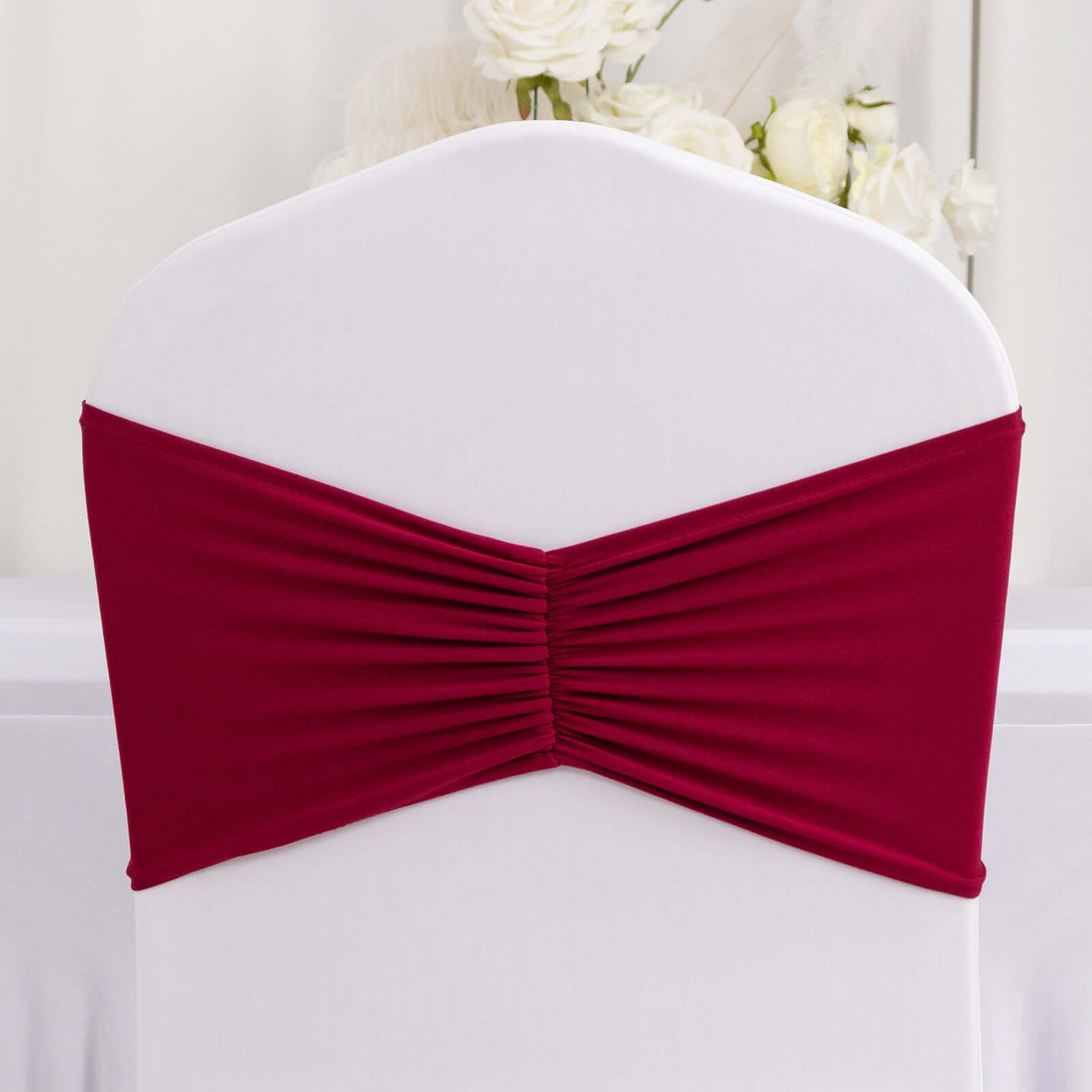 5 Pack Spandex Chair Sashes Burgundy Ruffled Style - Wide Easy to Use Stretch Chair Bands 8"x13" - Bell Racket Store