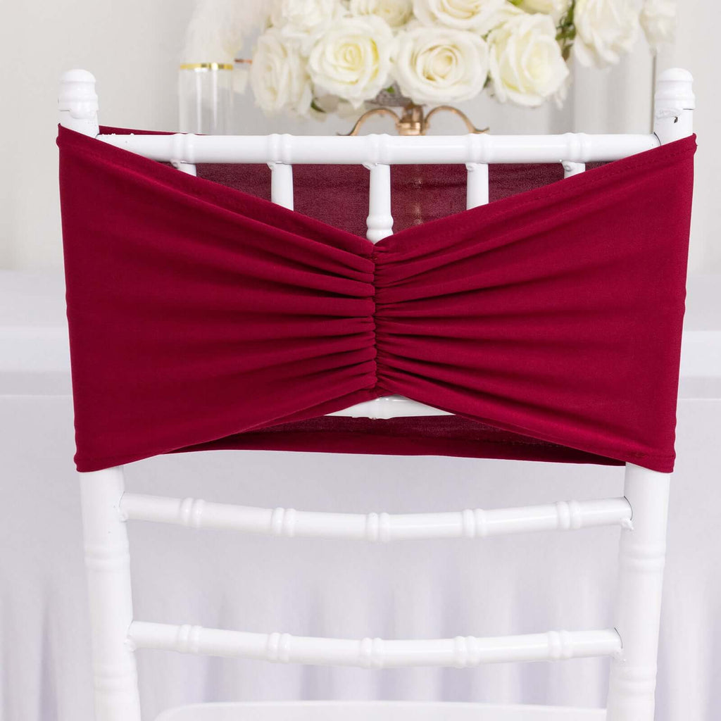 5 Pack Spandex Chair Sashes Burgundy Ruffled Style - Wide Easy to Use Stretch Chair Bands 8"x13" - Bell Racket Store
