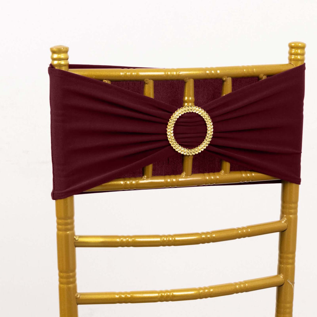 5 Pack Spandex Chair Sashes Burgundy with Gold Rhinestone Buckles - Reusable Four - Way Stretch Sash Bands 5"x14" - Bell Racket Store