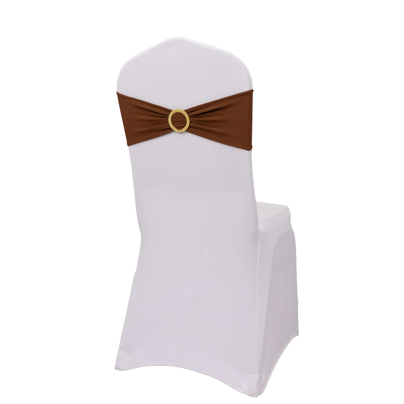 5 Pack Spandex Chair Sashes Cinnamon Brown with Gold Rhinestone Buckles - Reusable Four - Way Stretch Sash Bands 5"x14" - Bell Racket Store