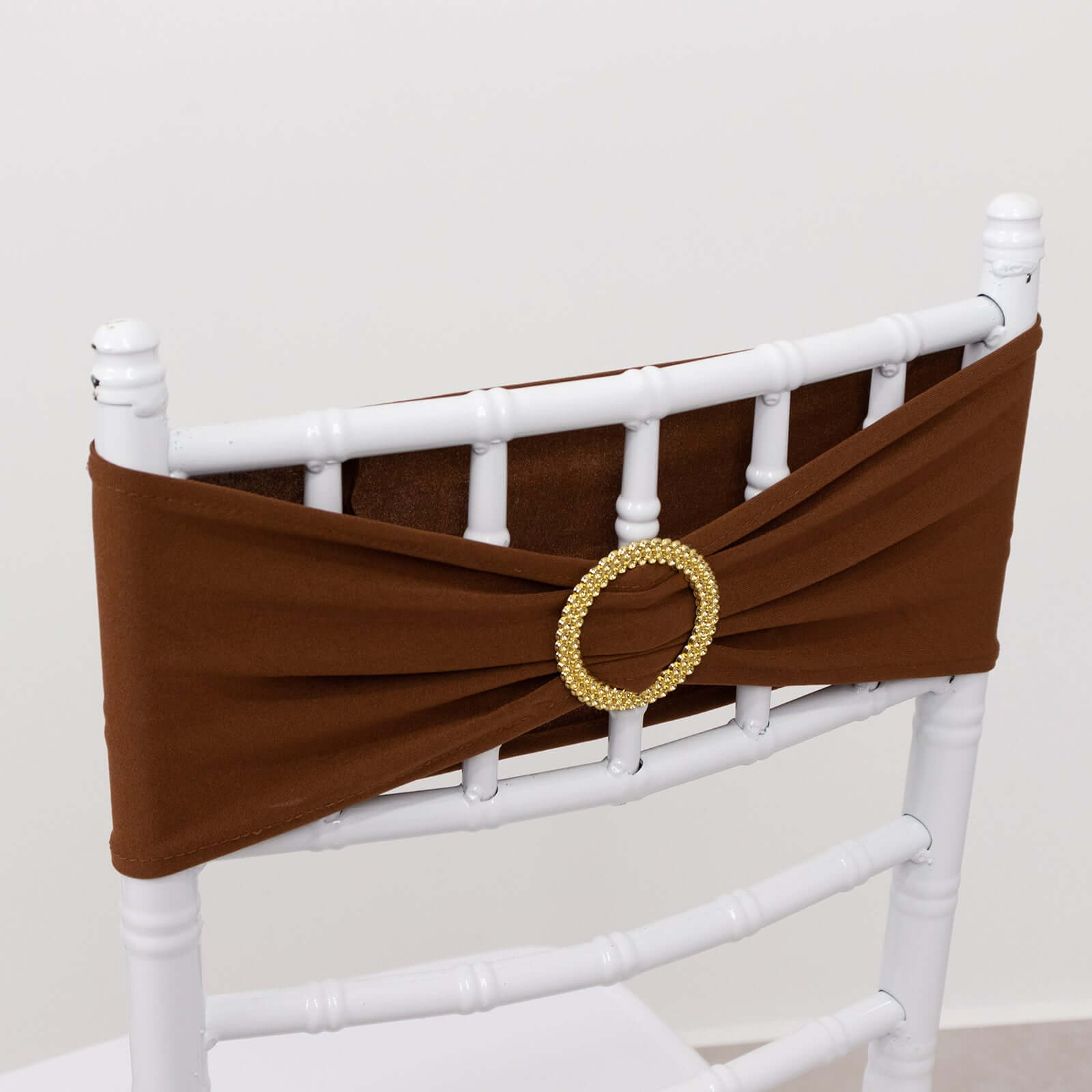 5 Pack Spandex Chair Sashes Cinnamon Brown with Gold Rhinestone Buckles - Reusable Four - Way Stretch Sash Bands 5"x14" - Bell Racket Store