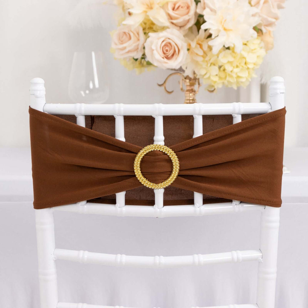 5 Pack Spandex Chair Sashes Cinnamon Brown with Gold Rhinestone Buckles - Reusable Four - Way Stretch Sash Bands 5"x14" - Bell Racket Store
