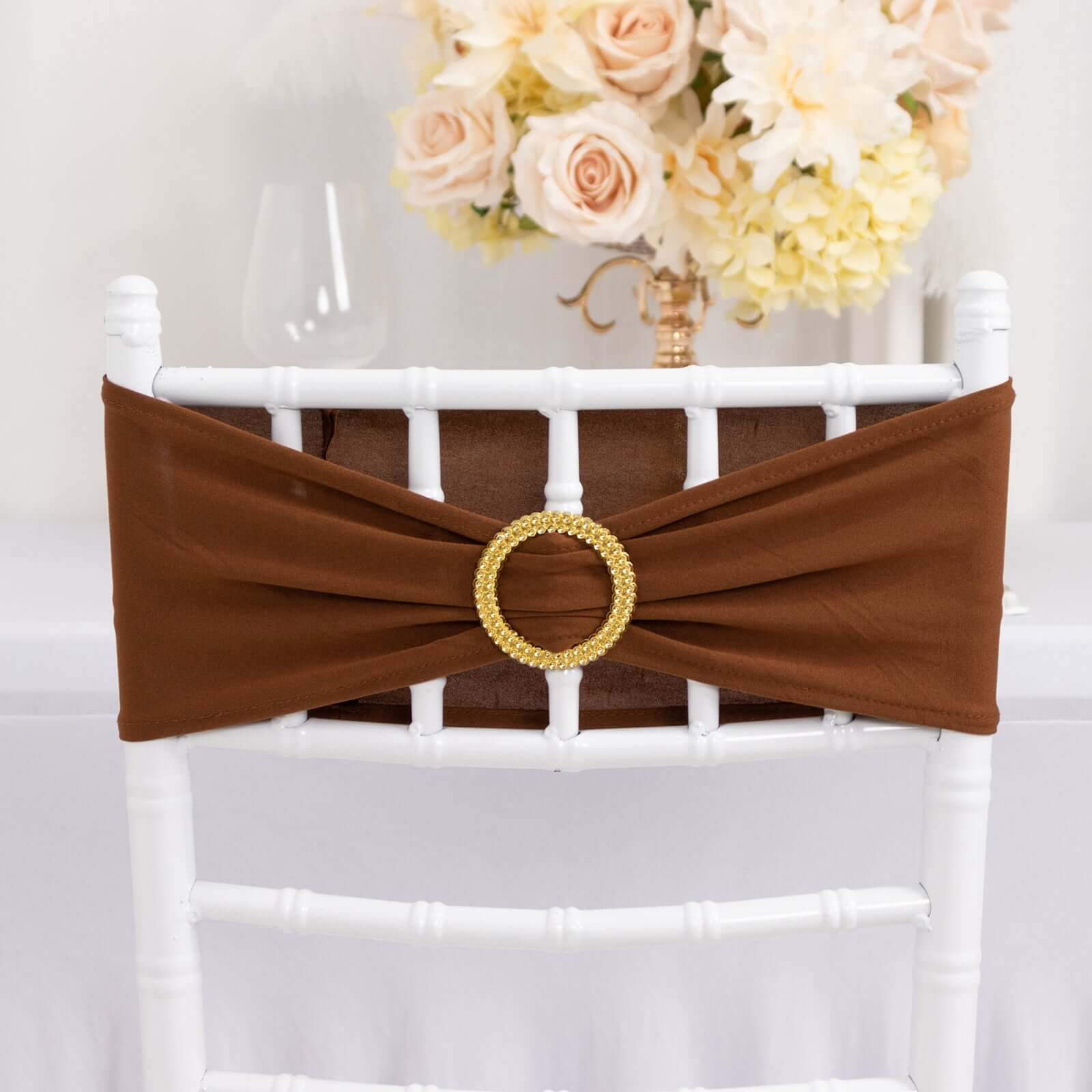 5 Pack Spandex Chair Sashes Cinnamon Brown with Gold Rhinestone Buckles - Reusable Four - Way Stretch Sash Bands 5"x14" - Bell Racket Store