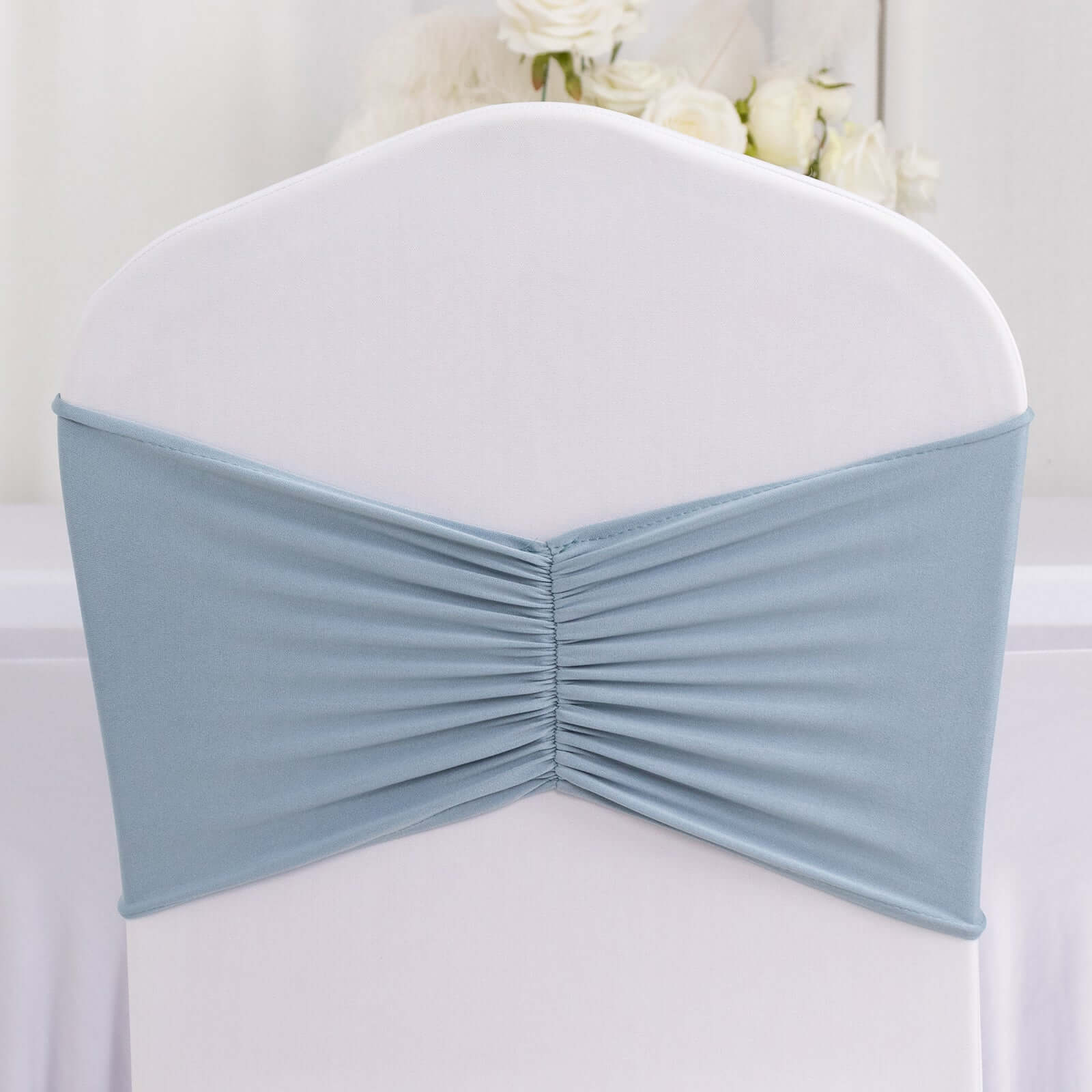 5 Pack Spandex Chair Sashes Dusty Blue Ruffled Style - Wide Easy to Use Stretch Chair Bands 8"x13" - Bell Racket Store