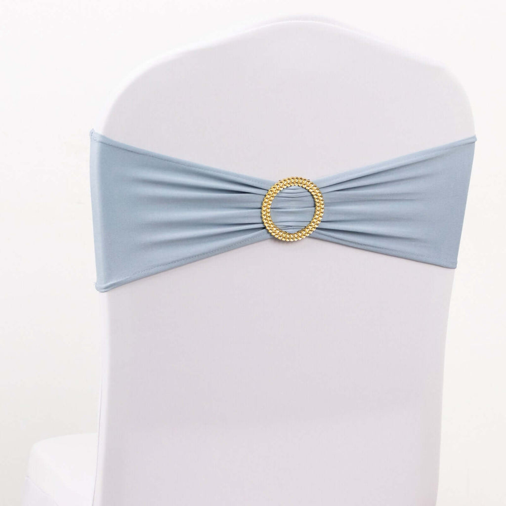 5 Pack Spandex Chair Sashes Dusty Blue with Gold Rhinestone Buckles - Reusable Four - Way Stretch Sash Bands 5"x14" - Bell Racket Store