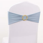 5 Pack Spandex Chair Sashes Dusty Blue with Gold Rhinestone Buckles - Reusable Four - Way Stretch Sash Bands 5"x14" - Bell Racket Store