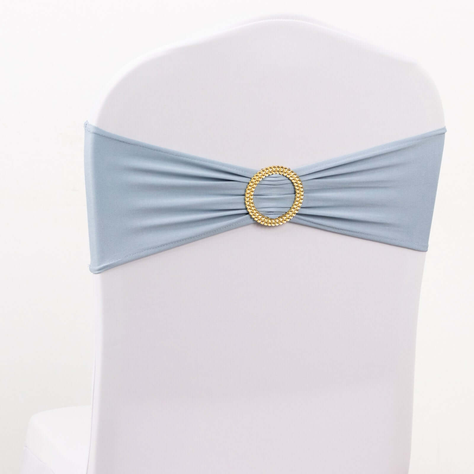 5 Pack Spandex Chair Sashes Dusty Blue with Gold Rhinestone Buckles - Reusable Four - Way Stretch Sash Bands 5"x14" - Bell Racket Store