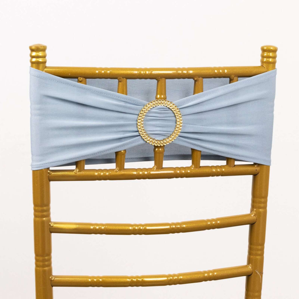 5 Pack Spandex Chair Sashes Dusty Blue with Gold Rhinestone Buckles - Reusable Four - Way Stretch Sash Bands 5"x14" - Bell Racket Store