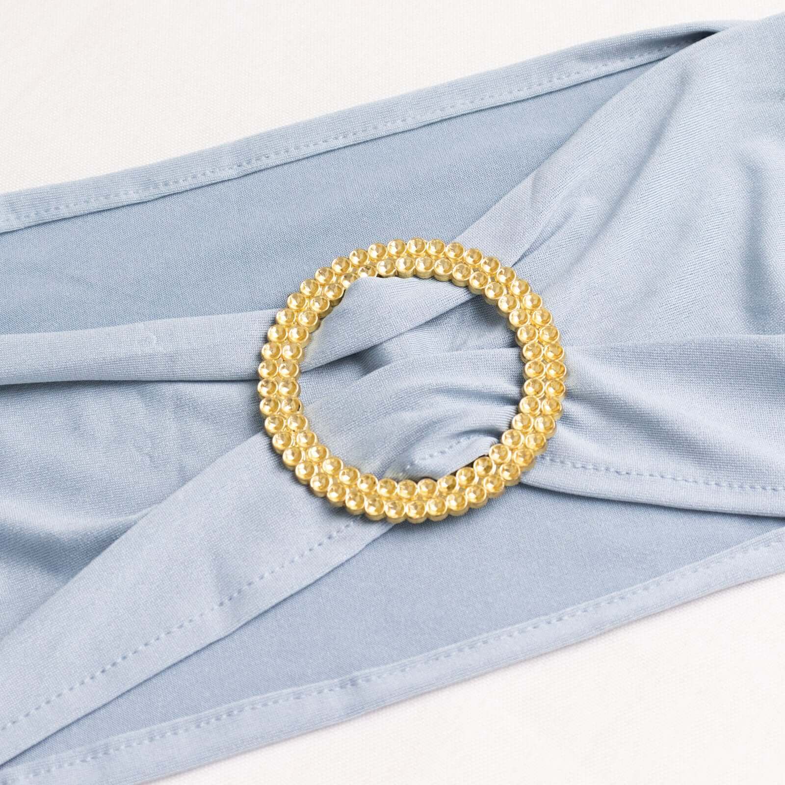 5 Pack Spandex Chair Sashes Dusty Blue with Gold Rhinestone Buckles - Reusable Four - Way Stretch Sash Bands 5"x14" - Bell Racket Store