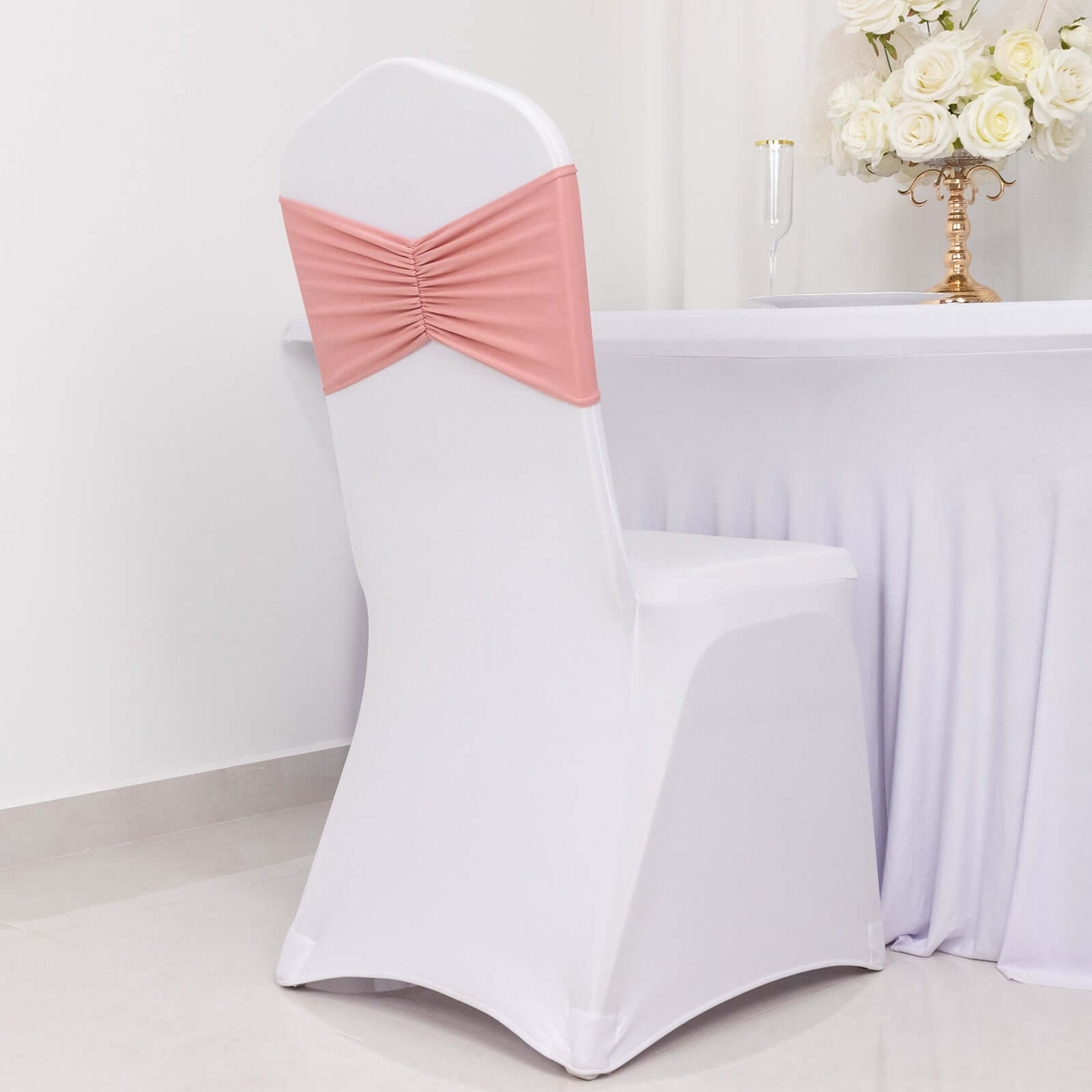 5 Pack Spandex Chair Sashes Dusty Rose Ruffled Style - Wide Easy to Use Stretch Chair Bands 8"x13" - Bell Racket Store