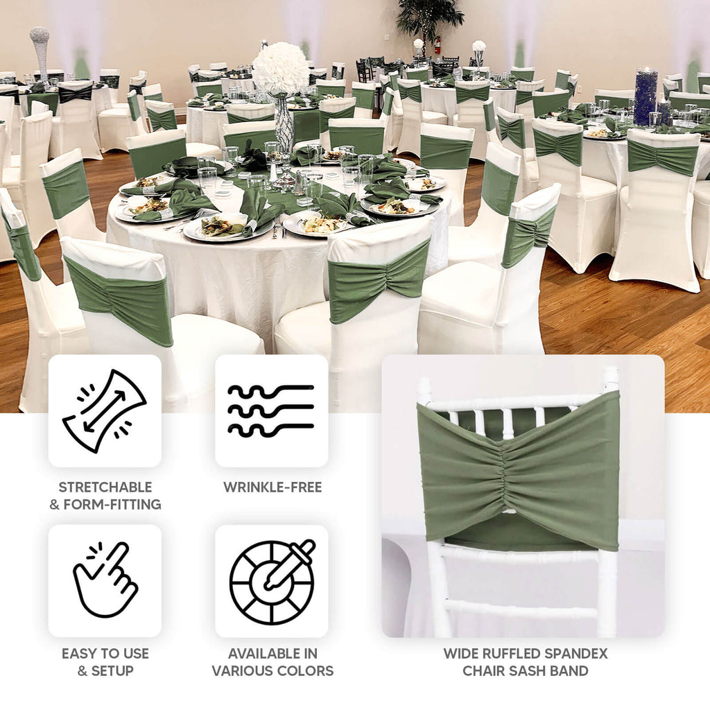 5 Pack Spandex Chair Sashes Dusty Sage Green Ruffled Style - Wide Easy to Use Stretch Chair Bands 8"x13" - Bell Racket Store