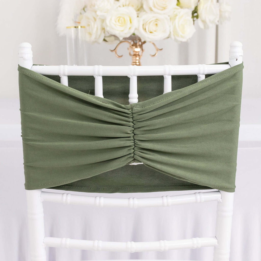 5 Pack Spandex Chair Sashes Dusty Sage Green Ruffled Style - Wide Easy to Use Stretch Chair Bands 8"x13" - Bell Racket Store