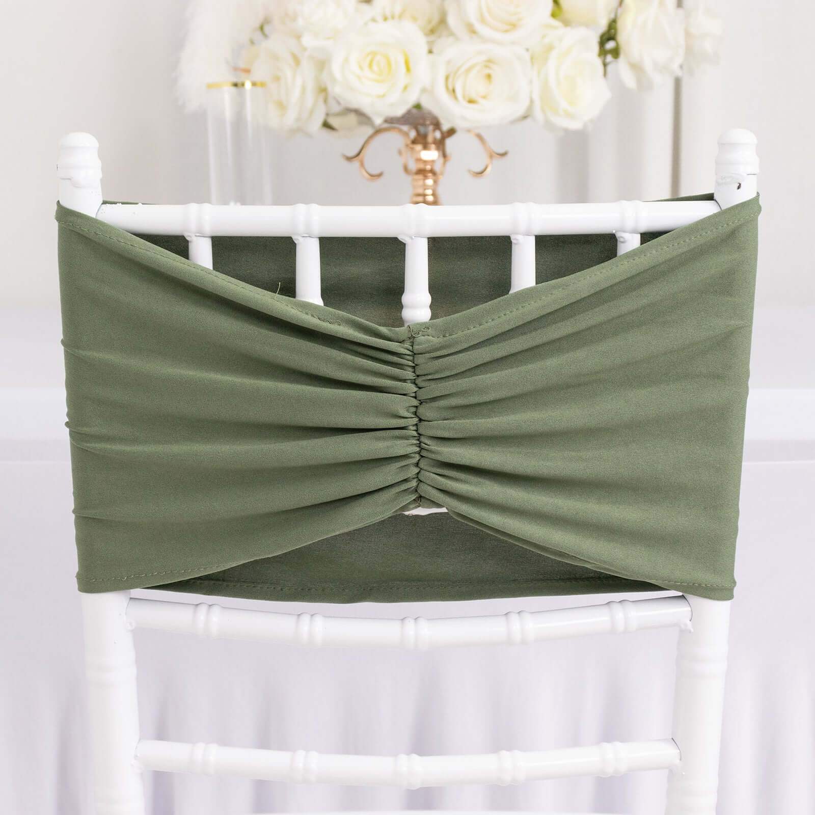 5 Pack Spandex Chair Sashes Dusty Sage Green Ruffled Style - Wide Easy to Use Stretch Chair Bands 8"x13" - Bell Racket Store