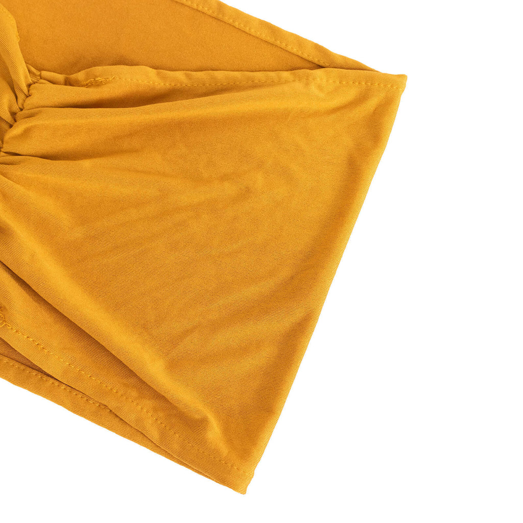 5 Pack Spandex Chair Sashes Gold Ruffled Style - Wide Easy to Use Stretch Chair Bands for Classy Wedding and Event Decor 8"x13" - Bell Racket Store