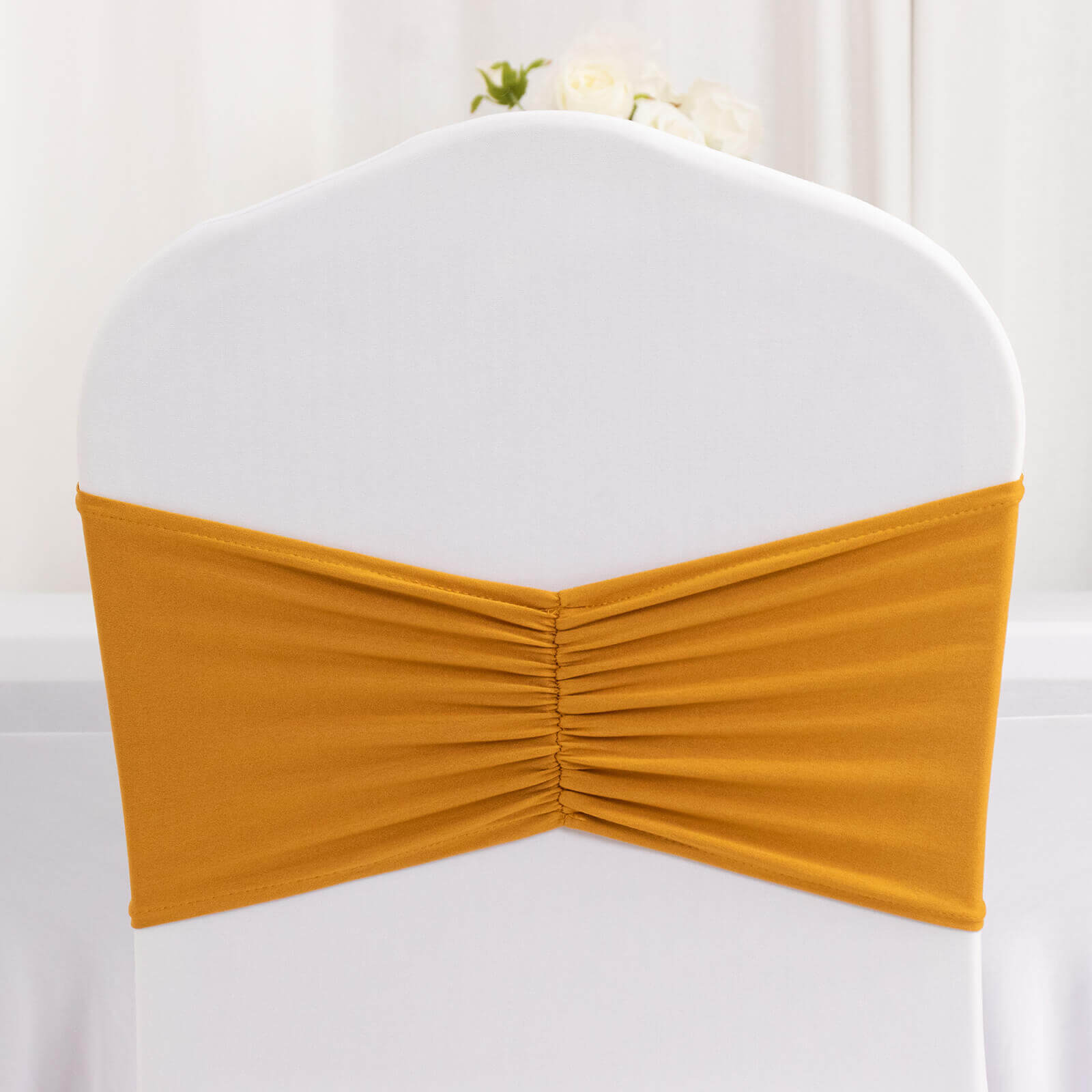 5 Pack Spandex Chair Sashes Gold Ruffled Style - Wide Easy to Use Stretch Chair Bands for Classy Wedding and Event Decor 8"x13" - Bell Racket Store